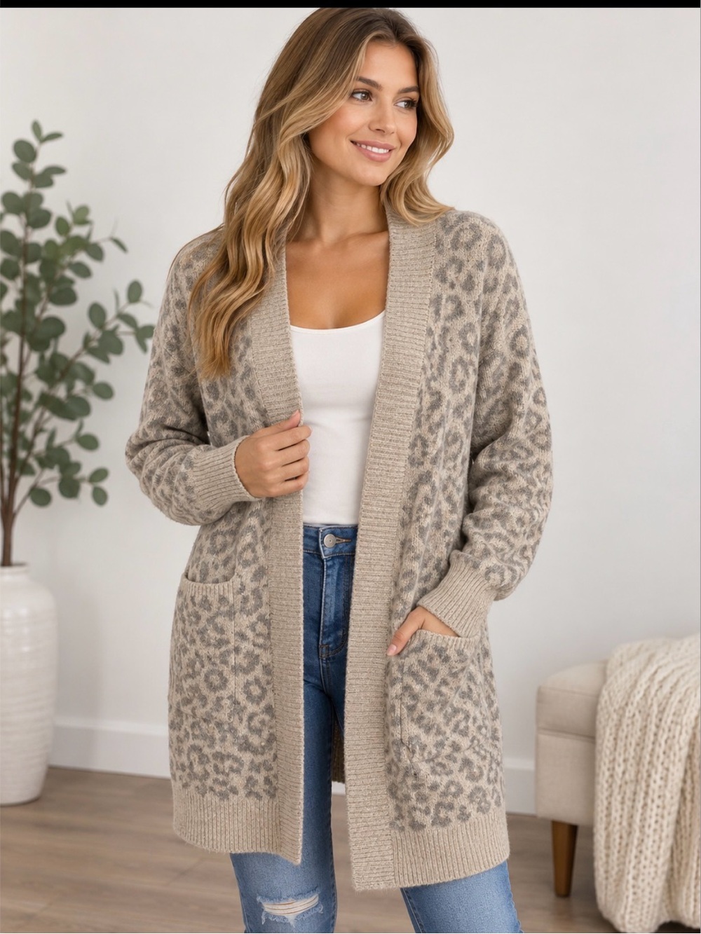 Abercrombie & Fitch Taupe Leopard-Print Open-Front Cardigan Size Small